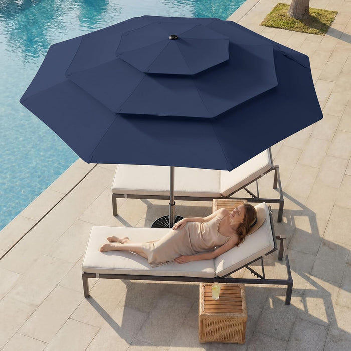 9FT 3-Tiers Outdoor Patio Umbrella with 5-Year Fade Resistant,Vented Outdoor Commercial Market Umbrella with UPF50+ UV Protection & Push Button Tilt and Crank for Pool,Backyard(Navy Blue)