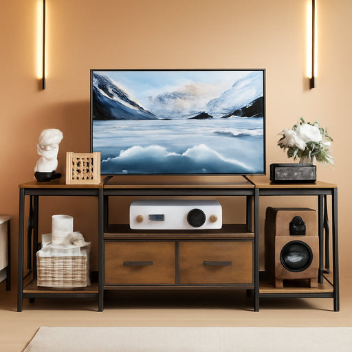 TV Stand for Tvs up to 75 Inch, Entertainment Center with Fabric Drawers, TV Media Console Table with Open Storage Shelves for Living Room, Bedroom, Rustic Brown