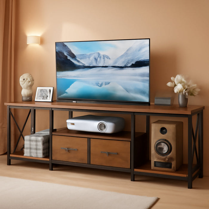 TV Stand for Tvs up to 75 Inch, Entertainment Center with Fabric Drawers, TV Media Console Table with Open Storage Shelves for Living Room, Bedroom, Rustic Brown