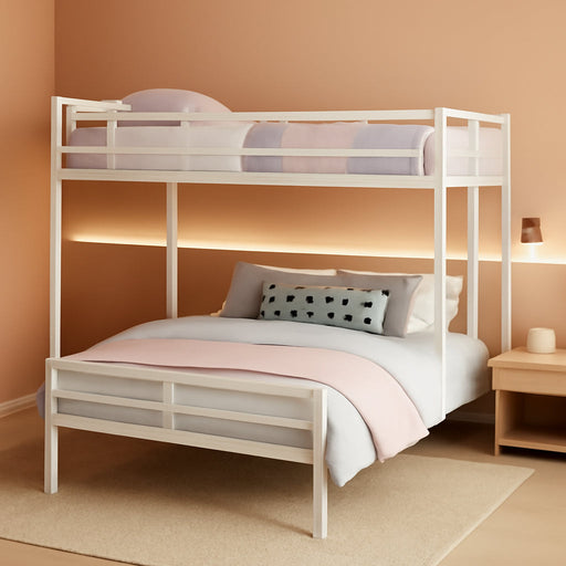 L-Shaped Twin over Full Bunk Bed with Desk, Heavy Duty Metal Loft Bed Frame with Ladder and Safety Guardrails, Space Saving Furniture for Kids, Teens, Bedroom, Dorm and Apartment, (White)