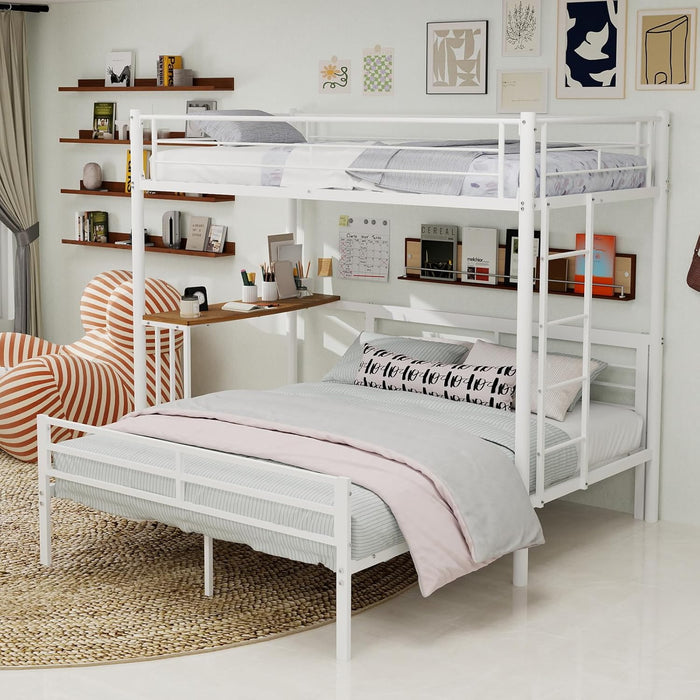 L-Shaped Twin over Full Bunk Bed with Desk, Heavy Duty Metal Loft Bed Frame with Ladder and Safety Guardrails, Space Saving Furniture for Kids, Teens, Bedroom, Dorm and Apartment, (White)