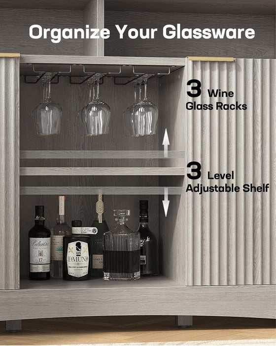 47.2" Bar Cabinets with Storage, Modern Buffet Cabinet, Large Sideboard with 2 Fluted Panel Doors, Coffee Bar Cabinet with Adjustable Shelf and Glass Rack for Kitchen, Living Room, Grey