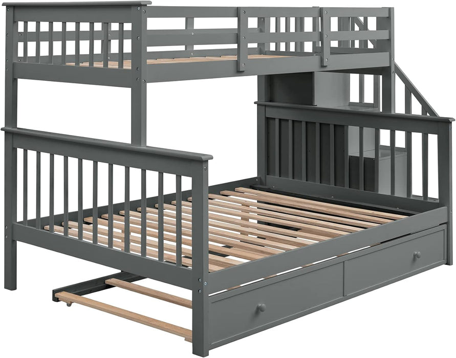 Twin over Full Bunk Bed, Wooden Bunk Bed Frame Twin over Full with Trundle and Storage Shelves, Twin over Full Size Bunk Beds with Staircases for Kids Teens Adults, Grey
