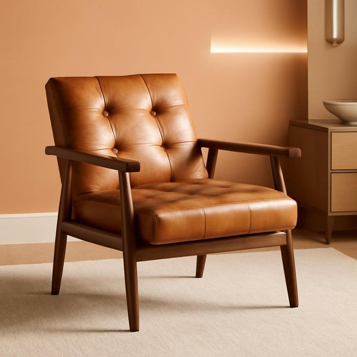 Mid Century Leather Accent Chairs, Modern Small Arm Chair for Living Room, Office Waiting Room Lobby Chair with Wooden Arms, Brown Accent Reading Chairs Set for Bedroom