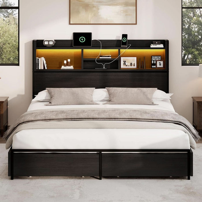 Queen Storage Bed Frame with 6 Drawers, USB Charging Station, No Noise, No Box Spring Required, Vintage Black Headboard Platform Bed