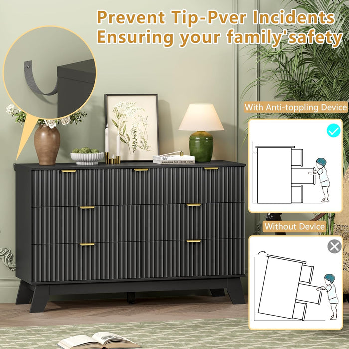7 Drawer Fluted Dresser for Bedroom, Mid Century Modern Dresser with 7 Drawers, Dressers & Chests of Drawers with Metal Handle, TV Stand & Storage Organizer for Entryway, Hallway, Black