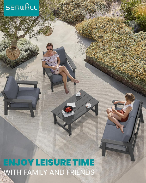 4 Piece HDPE Outdoor Furniture Set, All Weather Wood-Like Outdoor Sofa Sectional Couch, Grey Patio Furniture Set with Grey Cushions