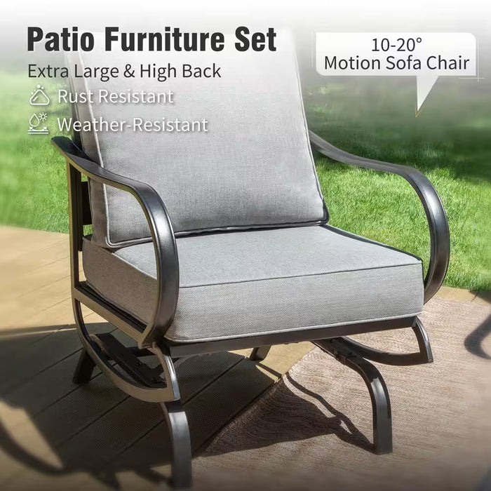 4 Seat 5-Piece Metal Outdoor Fire Pit Patio Set with Gray Cushions, Rocking Chairs and Square Fire Pit Table