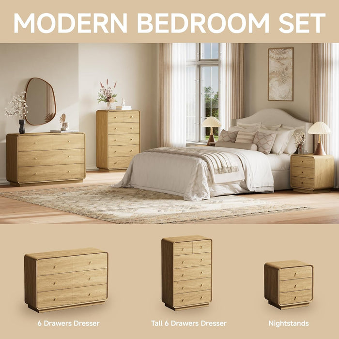 6 Drawer Dresser for Bedroom, 47.2” Wide Modern Chest of Drawers with Curved Profile Design, Wooden Dresser TV Stand with Gold Metal Handles, Large 6 Drawer Dresser for Bedroom, Living Room