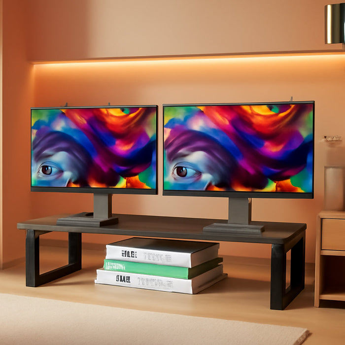 Dual Monitor Stand Riser, Wood and Steel Monitor Stand Riser, Computer Monitor Stand for 2 Monitors, Multi-Purpose Desktop Storage Stand for Computer,Laptop,Printer,Tv