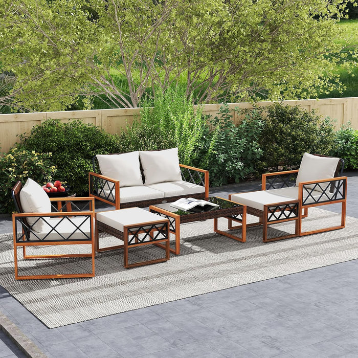7 Pieces Patio Furniture Conversation Set, Wicker Acacia Wood Outdoor Cushioned Chairs Set with Ottomans, and 2 Tables, for Garden, Deck and Backyard