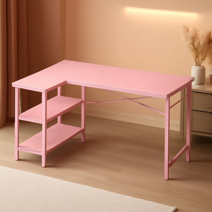L Shaped Desk, 47 Inches Computer Desk with Reversible Storage Shelves, Gaming Desk, Corner Desk Home Office Desks, Writing Desk Study Desk with Metal Frame, Pink