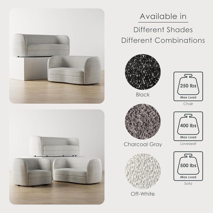 Nimiane Modern Boucle 3 Piece Sofa Set with Curved Arms and Wooden Legs, Accent Furniture Sets for Living Room, Home Office, Bedroom, Lounge, Off-White