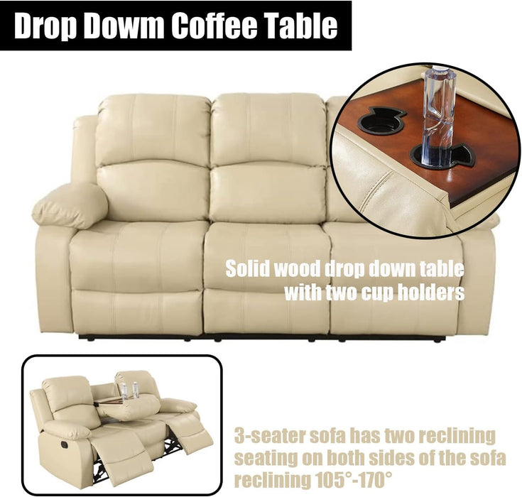 Beige Leather Reclining Sofa Set for Living Room Set,Recliner Sofa with Drop down Table/Double Recliner Loveseat with Storage Console/Recliner Chair/Faux Leather