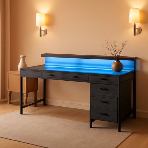 Gaming Desk with 6 Drawers, Computer Desk with LED Lights Power Outlets and Type-C, 47 Inch Office Desk with Storage, Monitor Stand, Writing Desk Work Desk Home Office, Bedroom, Study, Black