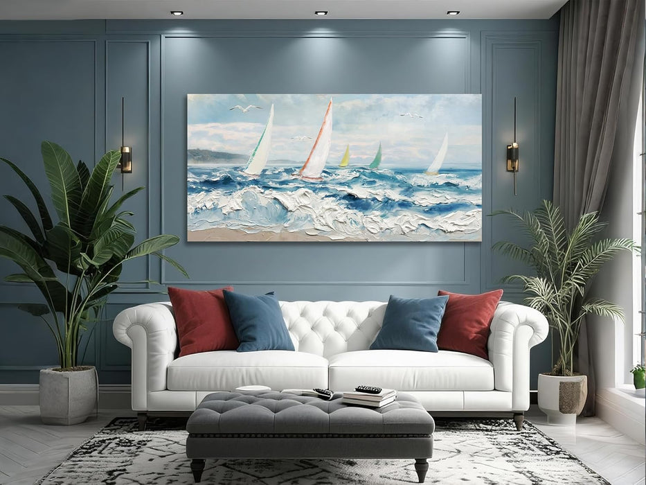 Wave 3D Textured Ocean Wall Art for Living Room Blue Seascape Sailboat Canvas Coastal Painting Artwork for Christmas Gift Bedroom Bathroom Home Office Wall Decor, Large 40"X20"