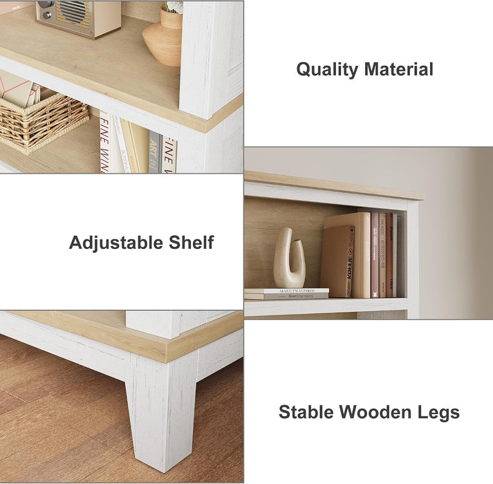 71" Farmhouse Bookcase W/Adjustable Shelves & 31.5" Width, 5 Tier Tall Bookshelf with Wooden Legs, Rustic Vintage Book Shelf for Living Room Office Library (White+Wood)