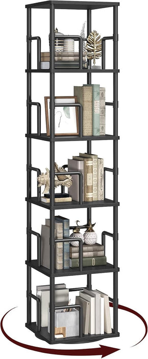 5-Tier Rotating Bookshelf, Freestanding Corner Bookshelf, 360° Spinning Bookcase, Industrial Style Storage Rack with Rails, for Living Room, Bedroom, Study, Black BKBK1601