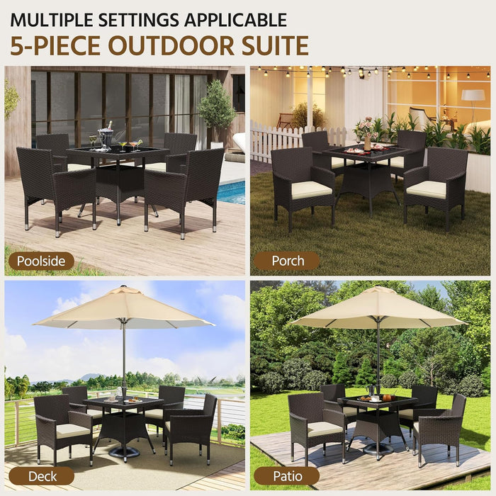 5-Piece Patio Furniture Set, Outdoor Rattan 4 Dining Chairs & Tempered Glass Table with Umbrella Hole, for Garden Backyard Deck Balcony, Brown/Beige