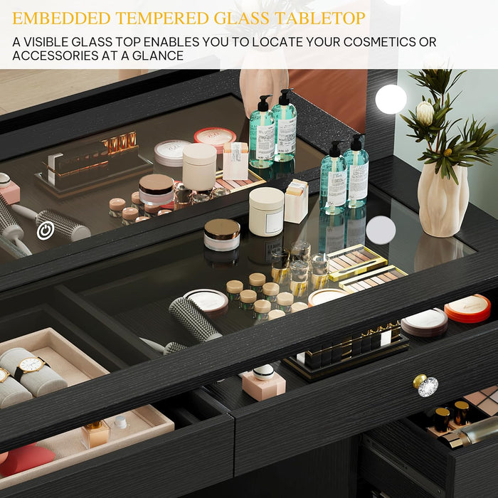 Makeup Vanity Desk with LED Mirror & Light, Large Makeup Table with 8 Drawers, Magnifying Glass, Power Outlets, Hairdryer Holder & Cushion Stool for Dressing Room, Black Vanity Set