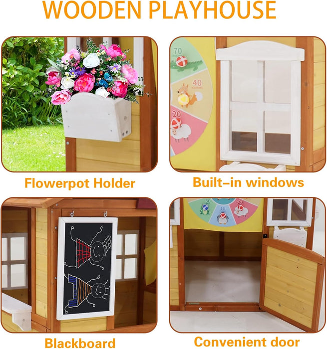 Wooden Playhouse for Kids Outdoor Play House for Kids, with Working Door, Windows, Flowers Pot Holder, Playhouses for Kids Pretend Play House 44.6"X 39" X 50.9"