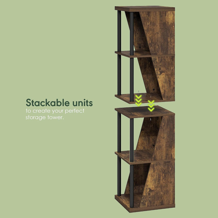 Flexi Book Shelf, 4-Cube Bookshelf, Standing Bookcase, Amber Pine | 15 X 15 X 58.4, DIY Stackable & Separable, Tall, Geometric, for Living Room, Home Office, Bedroom