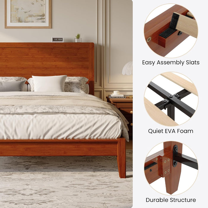 Full Size Bamboo Bed Frame, Japanese Joinery, Warm Brown