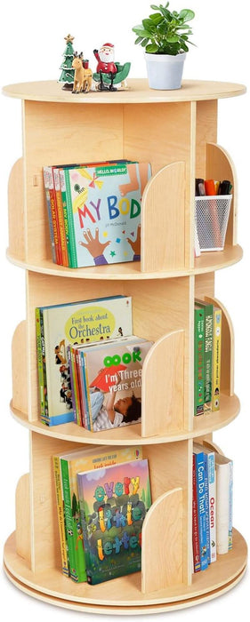 Kids Rotating Bookshelf, Small Corner Bookshelf for Small Space, 360° Display 3 Tier Floor Standing Bookcase Storage Rack, Wooden Narrow Bookcase Organizer for Bedroom, Living Room