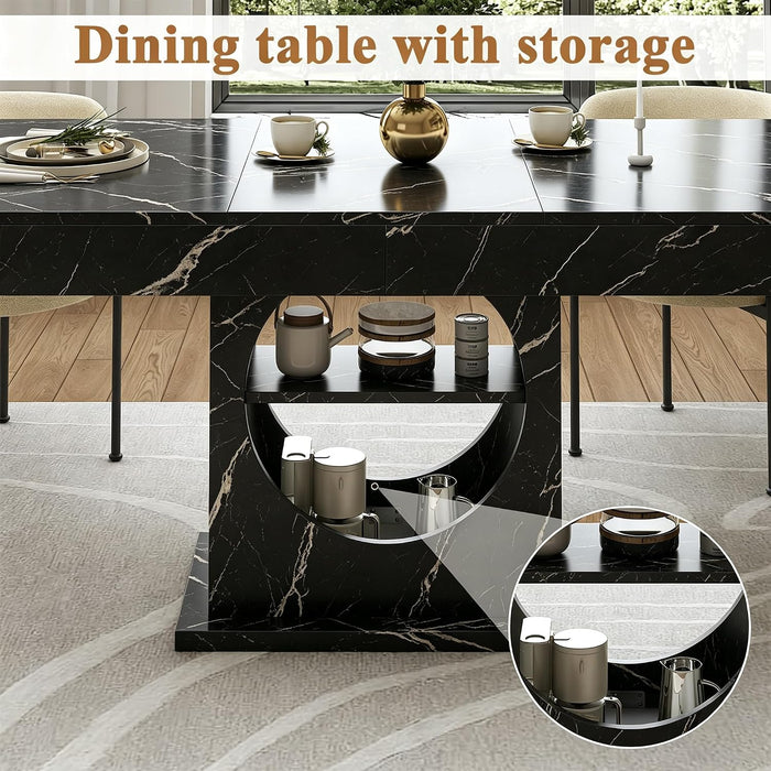 Dining Table for 4-6 People, 55 Inches Dinner Table with Drawers and Open Storage, Wooden Pedestal Base, Rectangular Farmhouse Kitchen Table for Kitchen, Living Room (Marble Black)
