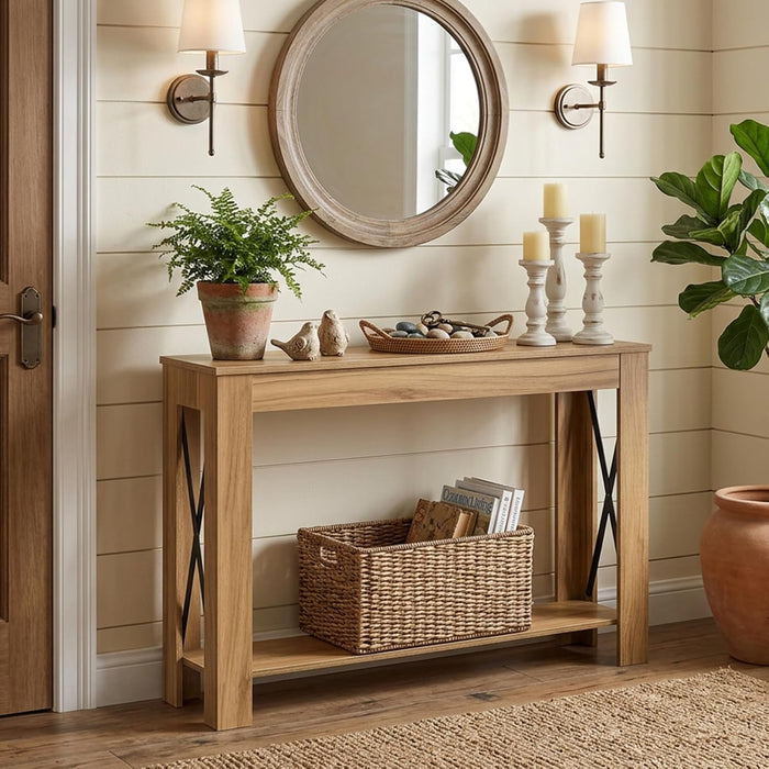 Farmhouse Console Table, 39.4'' Small Narrow Entryway Table, Wood Couch Table behind Sofa with Storage Shelf, Slim Farmhouse Hallway Table for Living Room, Hallway, Foyer, Light Walnut CT34VV