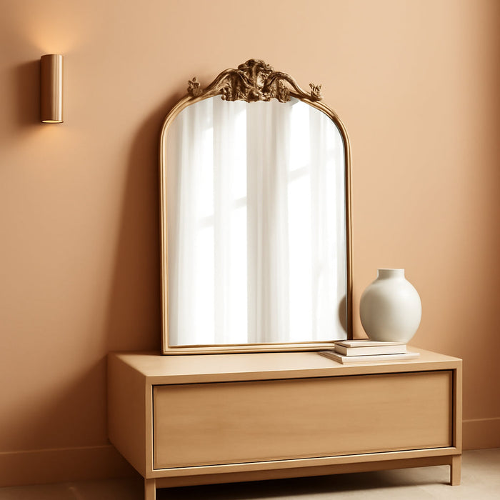 Antique Mirror,Gold Traditional Vintage Ornate Baroque Arched Brass Wall Mounted Mirrors for Entryway/Fireplace/Living Room/Hallway/Bathroom 19"X27"