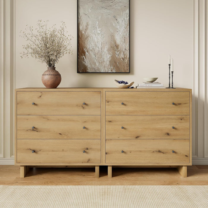 6 Drawer Dresser, 63In Wood Dresser for Bedroom, Oak Dresser Drawer