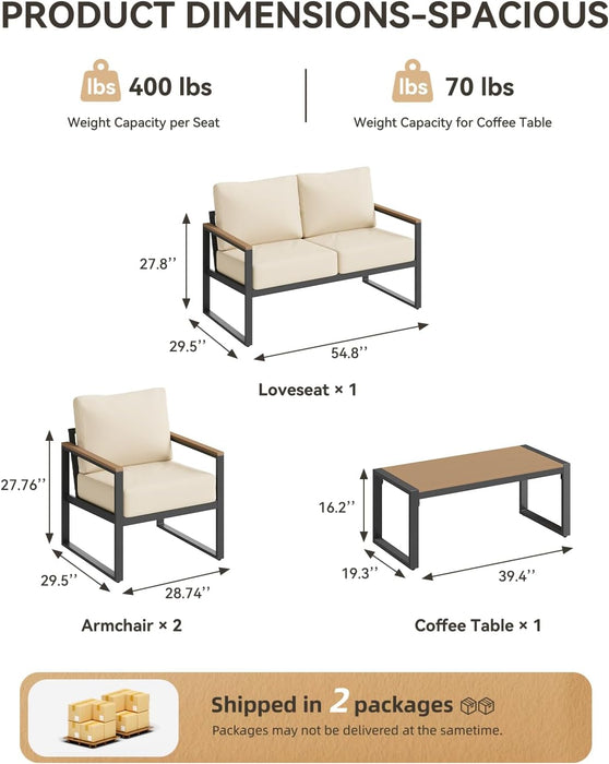Patio Furniture Set, 4 Piece Outdoor Patio Furniture with Thick Cushions, Modern Metal Outdoor Conversation Sets with Coffee Table for Porch, Balcony, Deck Cream