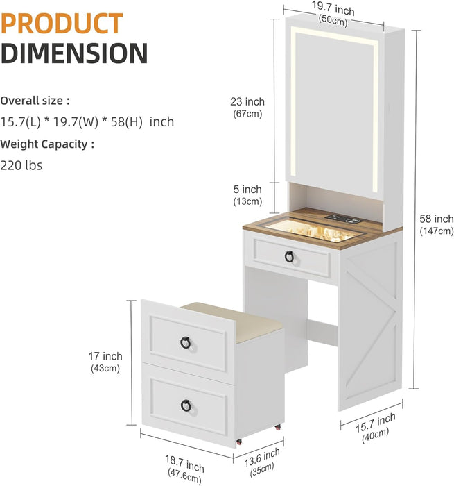 3 in 1 Small Vanity Desk with Lights and Mirror,Tall Lighted Compact Vanity with Charging Station,Makeup Vanity Set with Jewelry Armoire,Glass Top,Wheeled Stool,3 Drawers, White