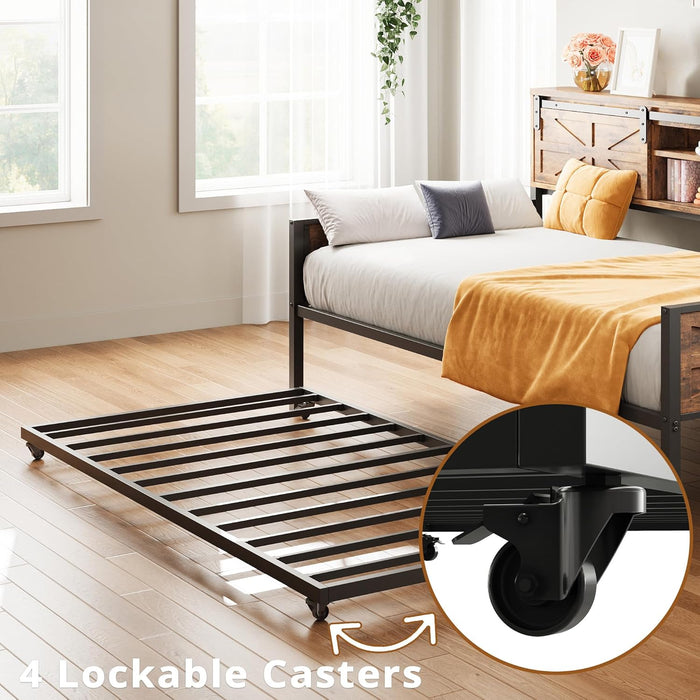 Daybed with Trundle Bed, Sofa Bed Twin with Charging Station, with Storage Headboard & Strong Support, for Living Room, Bedroom and Guest Room, Industrial Brown