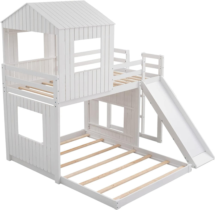 Twin over Full Bunk Bed Frames Loft Bed with Slide, House Roof, Window and Safety Guardrails for Boys or Girls, White