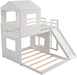 Twin over Full Bunk Bed Frames Loft Bed with Slide, House Roof, Window and Safety Guardrails for Boys or Girls, White