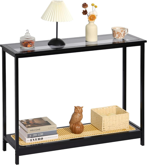 Bamboo Narrow Console Table, 39.4"(L) Wood Small Entryway Table with Rattan and Glass, Accent Slim Hallway Tables, Thin Sofa Side Tables for Hallway, Living Room, Bedroom, Foyer, Black
