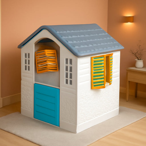 : Playhouse - White, Green, Yellow - Indoor & Outdoor Toy, Pretend Play, Sliding Shutters, Pet Gate, Waterproof Plastic, Toddler & Kids Ages 2+