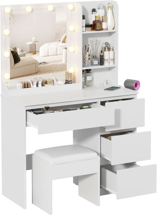 Vanity, Makeup Vanity Desk Set with Mirror & Light, Dressing Table Storage Lots with Power Strip, 3 Lighting Modes with Adjustable Brightness, 37 Inches (White) (White with Stool)