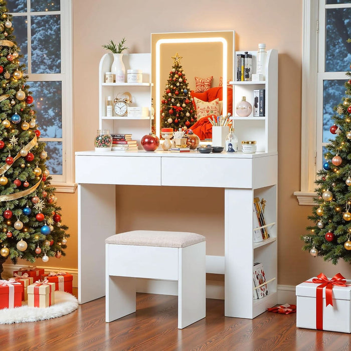 Vanity Desk with Mirror and LED Lights, Makeup Vanity Table with 3 Lighting Color, Adjustable Brightness, Vanity Table with 2 Drawers, Side Storage, for Bedroom (White, No Bench)