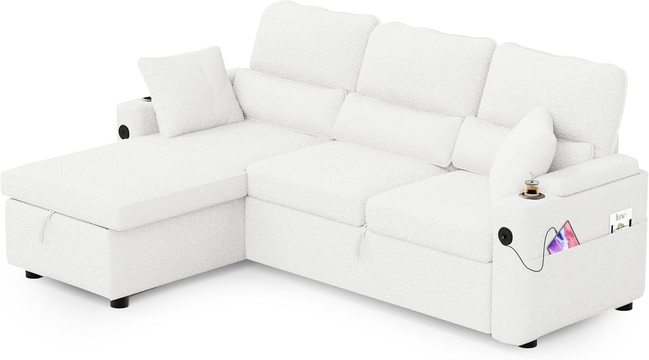 Pull Out ConvertibleSofaBed With Hidden Storage TeddyWhite