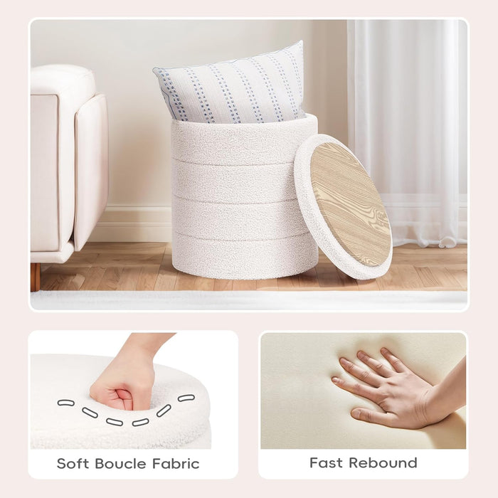round Storage Ottoman Foot Rest Stool with Tray Velvet Sherpa Folding Storage Ottoman,Boucle Foot Rest for Living Room, Bedroom, Dorm（White）