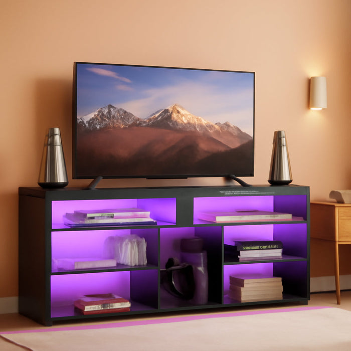 LED Tall Entertainment Center for 55/60/65 Inch TV, TV Stand with Storage for PS4 Xbox, Adjustable Shelf Media Console for Living Room, Black Marble