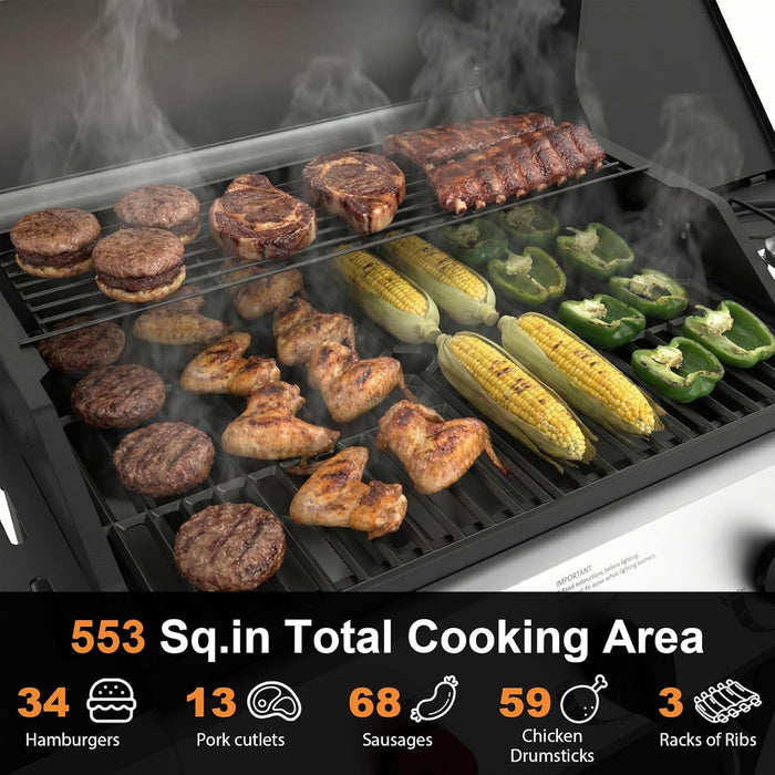 4 Burners Propane Gas Outdoor Grill 50000 BTU, 553 Sq.In, Side Burner, Porcelain-Enameled Grates, Stainless Steel Propane Grill Outdoor Cooking, Patio Garden Family Barbecues Party (4 Burners)