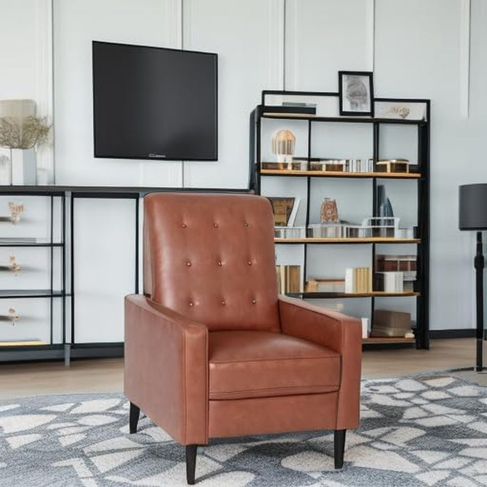 Erza Leathersoft Button Tufted Pushback Recliner, Mid-Century Modern Recliner Chair for Residential and Commercial Use, Cognac Brown