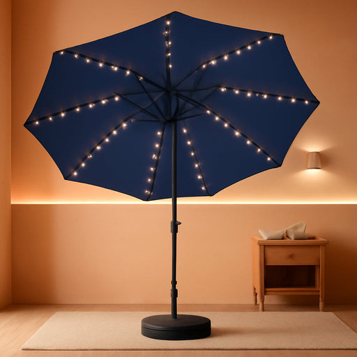 88 LED 10 FT Solar Patio Umbrella with Base, Navy