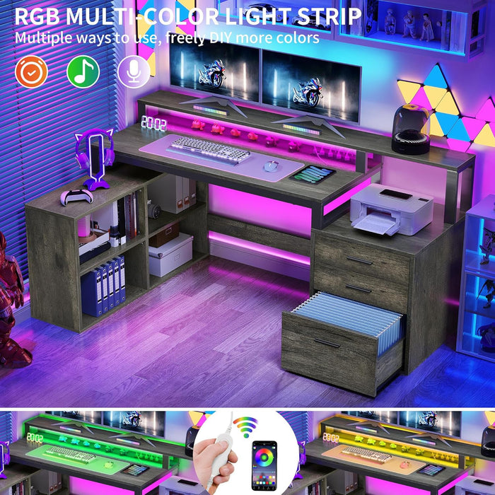 L Shaped Desk with Drawers, 65" Computer Desk with Power Outlets & LED Lights, Corner Home Office Desk with Storage Shelves & Printer Stand, Grey