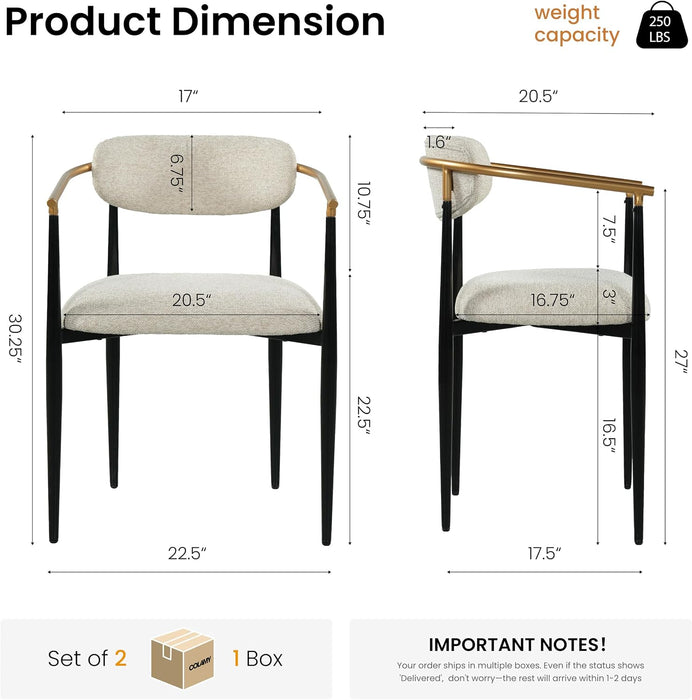 Mid Century Modern Dining Chairs Set of 2, Upholstered Kitchen Room Chairs with 3" High-Resilience Cushion, Sturdy Metal Legs and Ergonomic Curved Backrest for Home Office, Camel