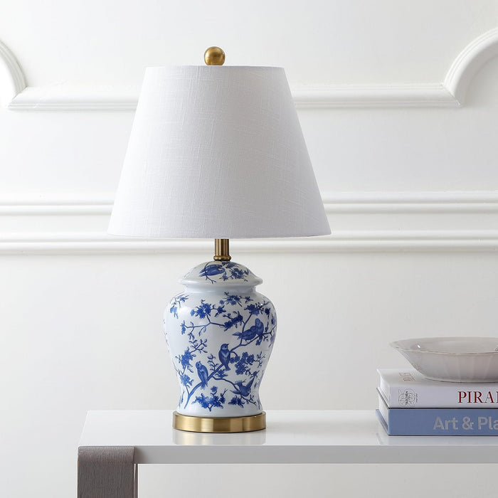22" Blue/White Ceramic Table Lamp, French Country Chinoiserie Ginger Jar LED Bedside Lamp for Living Room Bedroom, White Linen Shade, JYL3005A
